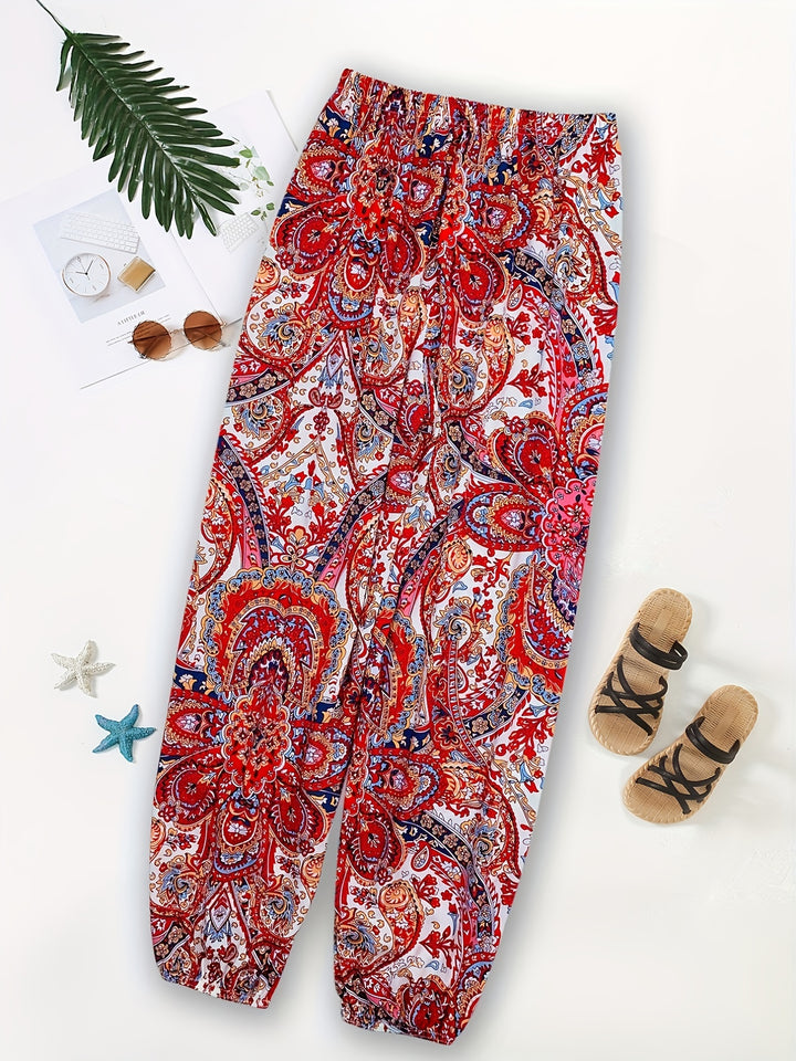 Ethnic Print Pants, Boho Elastic Waist Long Length Pants, Women's Clothing