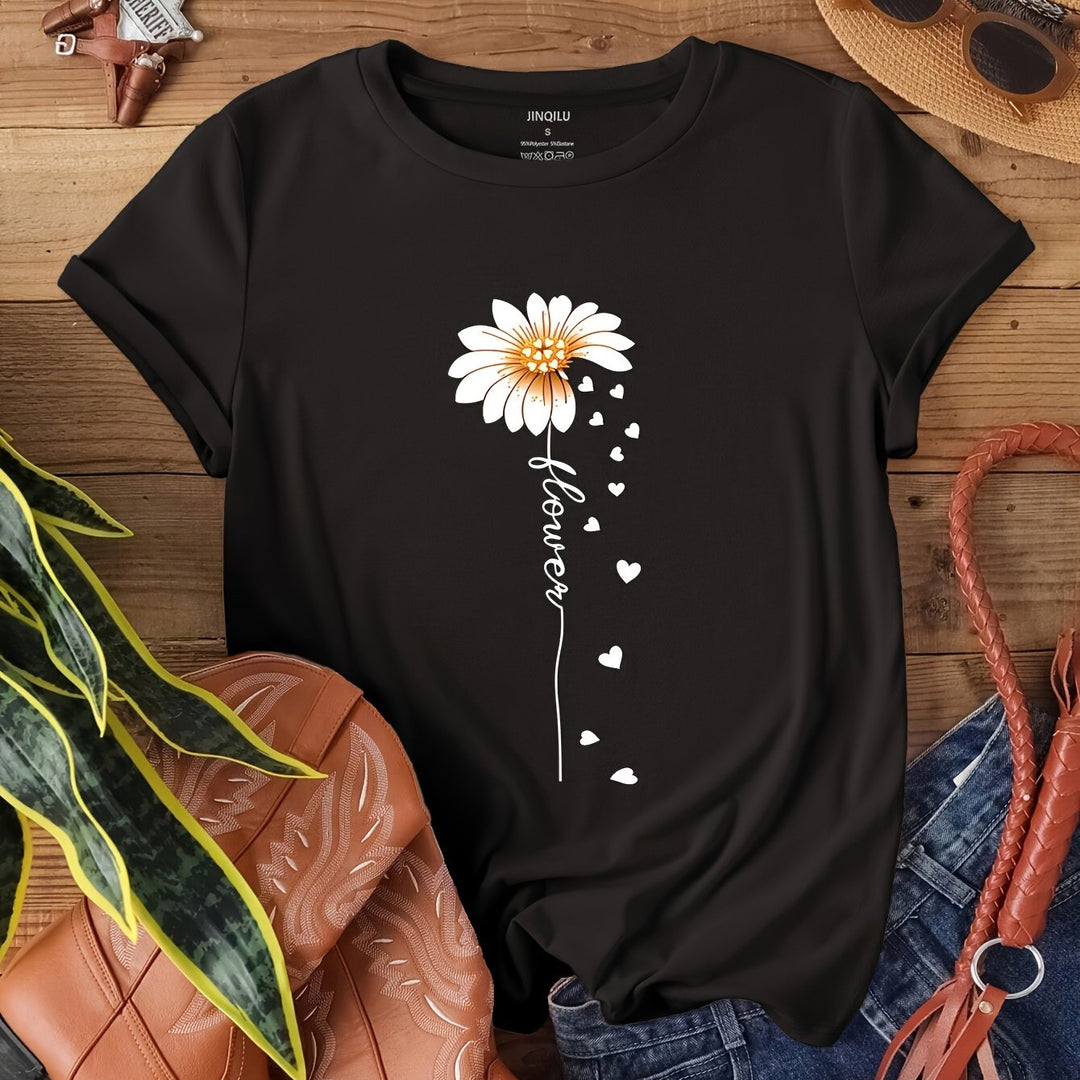 Faith Letter & Flower Print T-shirt, Casual Short Sleeve Crew Neck Top, Women's Clothing, Valentine's Day