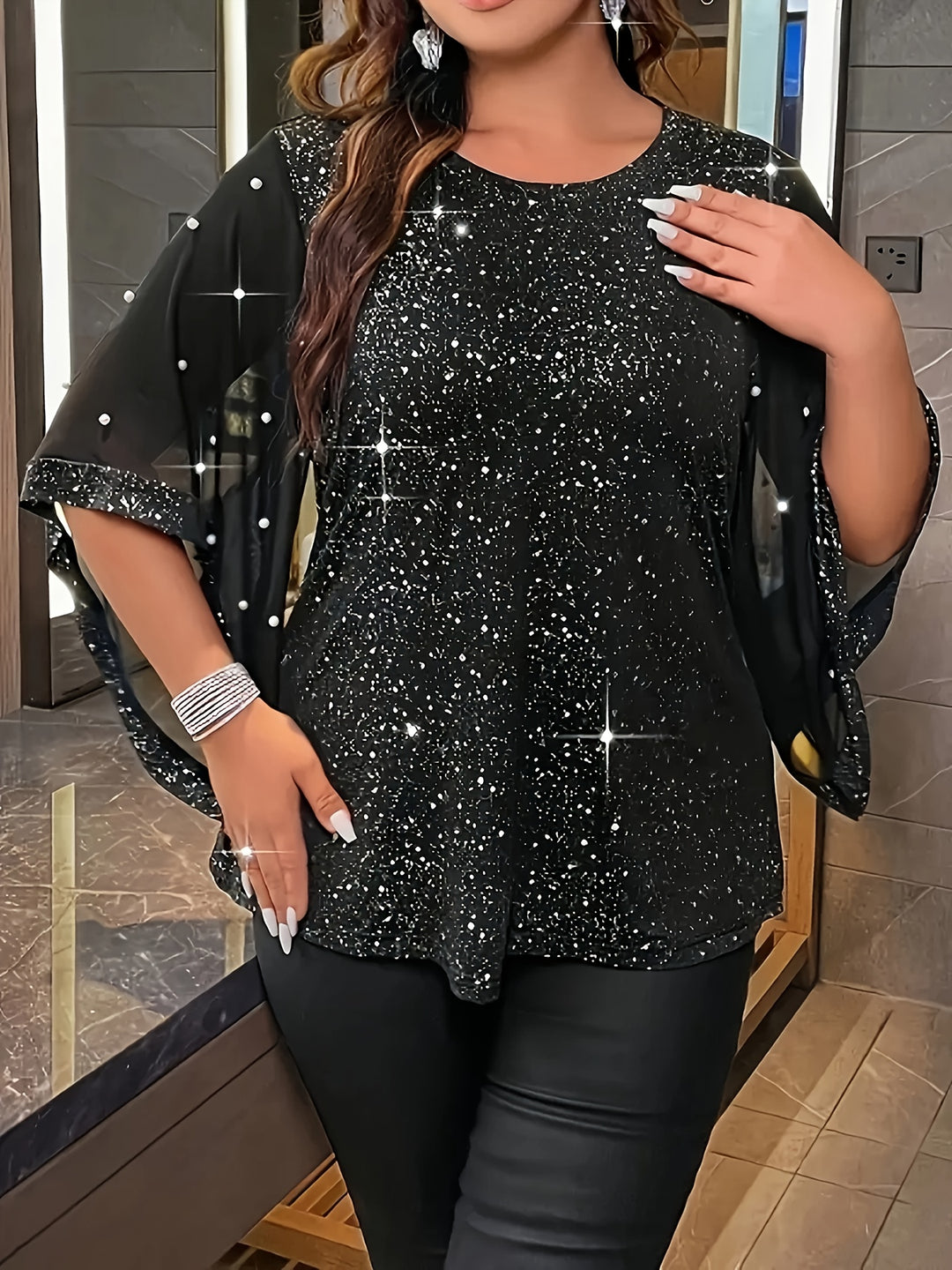 Plus Size Shiny Solid Beaded Top, Casual Crew Neck Irregular Sleeve Top For Spring & Summer, Women's Plus Size Clothing