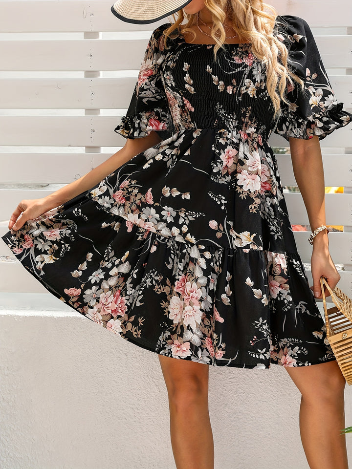 Floral Print Square Neck Shirred Dress, Elegant Short Sleeve Ruffle Hem A-line Dress for Spring & Summer, Women's Clothing