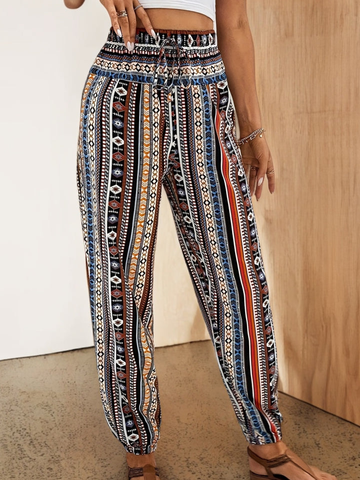 Tribal Print Drawstring Jogger Pants, Vacation High Waist Jogger Pants For Spring & Summer, Women's Clothing