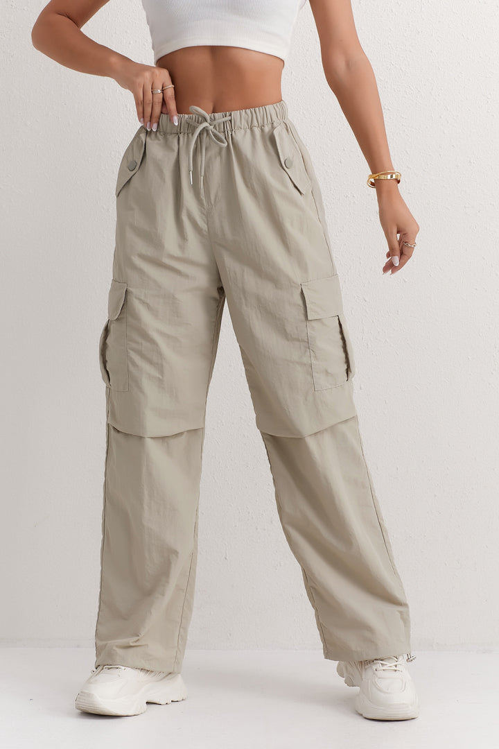 Slant Pockets Straight Leg Cargo Pants, Casual Drawstring Waist Pants For Spring & Summer, Women's Clothing