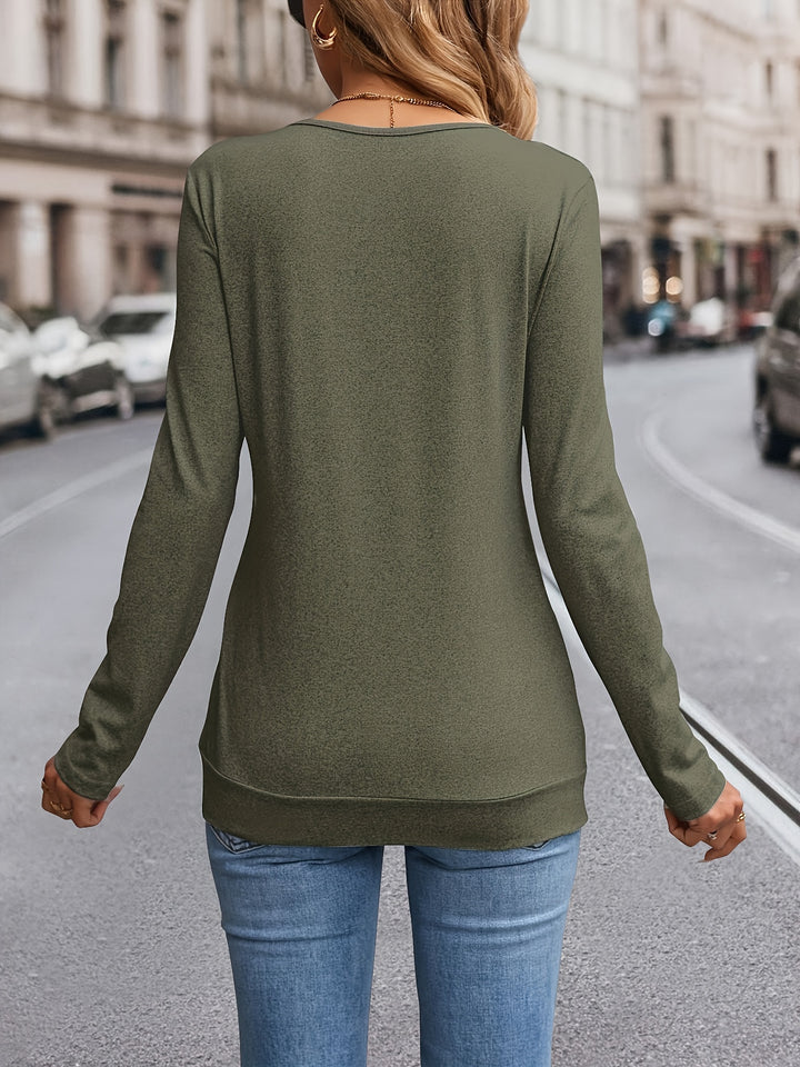 Button Decor V Neck T-Shirt – Women's Long Sleeve