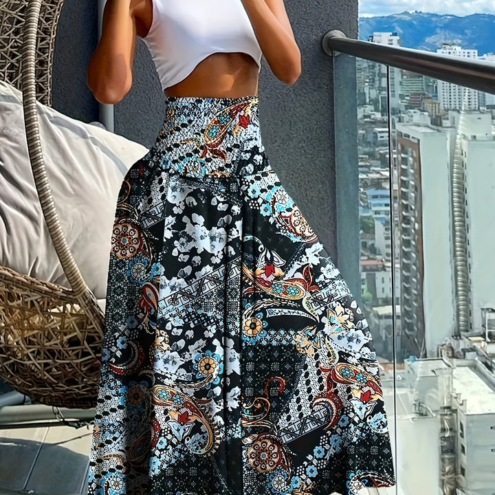 Floral Print Wide Leg Pants, Boho Shirred High Waist Loose Flare Pants For Spring & Summer, Women's Clothing