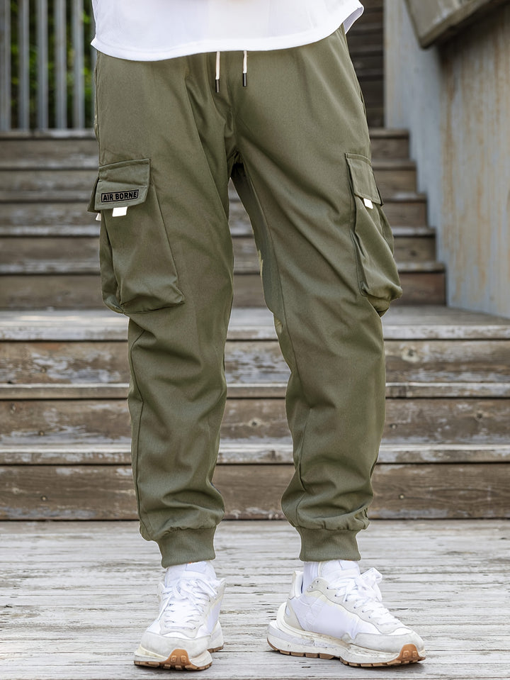 Loose Men's Comfy Cargo Pants With Flap Pockets, Drawstring Jogger Pants