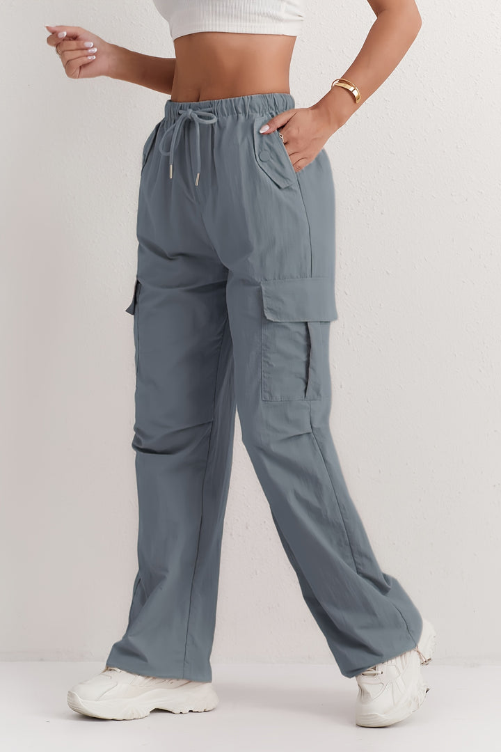 Slant Pockets Straight Leg Cargo Pants, Casual Drawstring Waist Pants For Spring & Summer, Women's Clothing