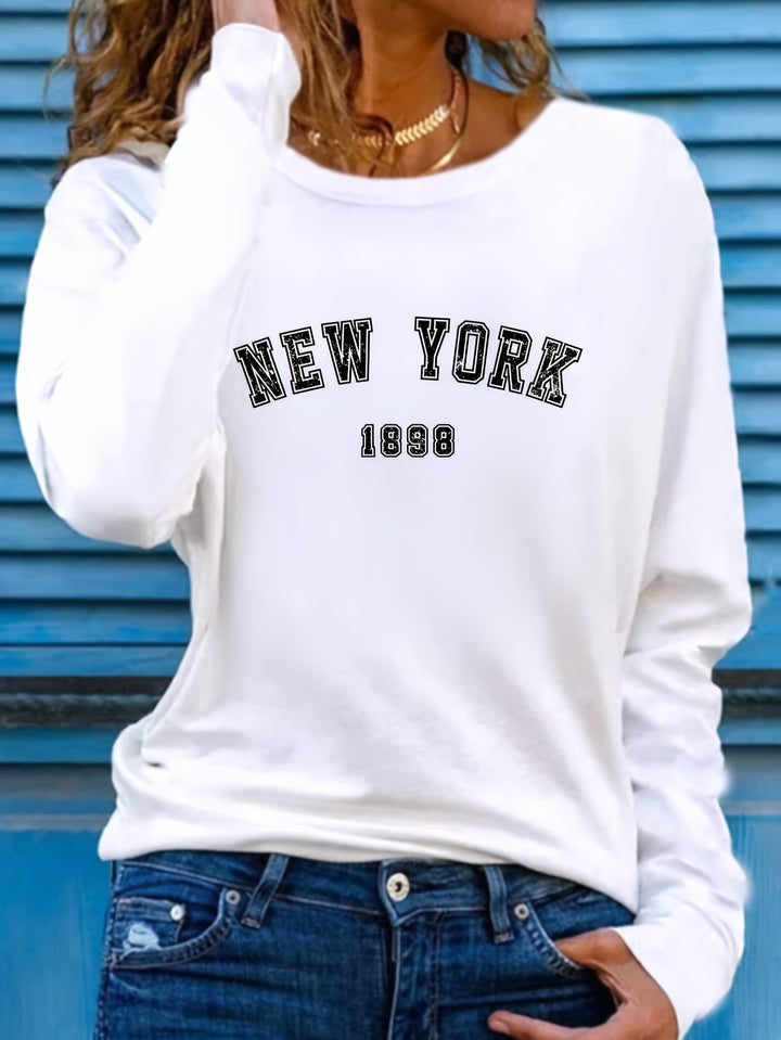 New York Print Crew Neck T-shirt, Casual Long Sleeve Top For Spring & Fall, Women's Clothing