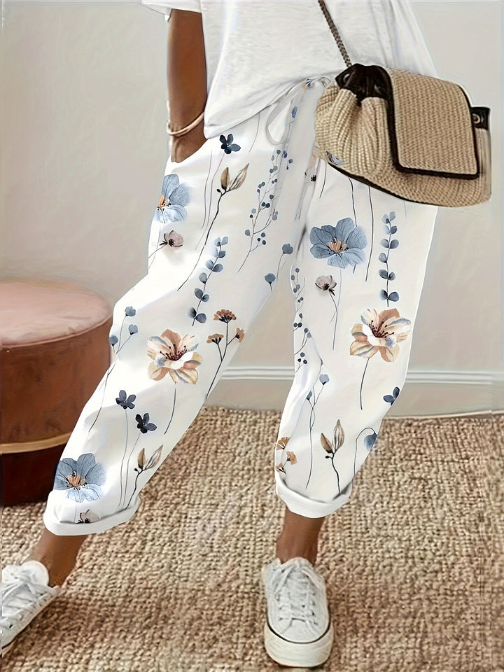 Women's Versatile Floral Drawstring Pants - Straight-Leg Style with Dual Pockets, Comfort-Fit for All Seasons, Ideal for Casual Outings and Everyday Wear