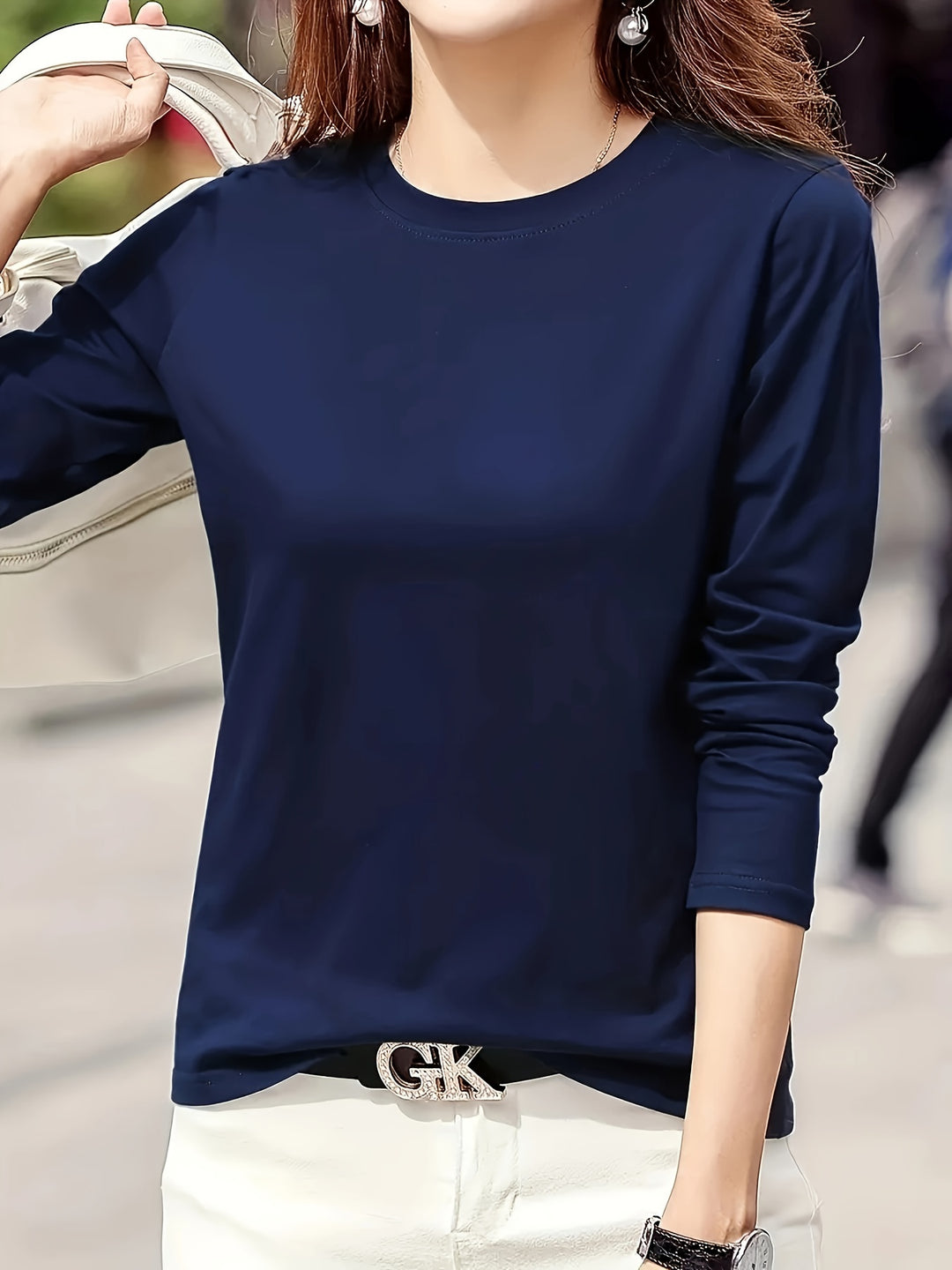 Solid Long Sleeve T-Shirt, Crew Neck Casual Every Day Top For Spring & Fall, Women's Clothing