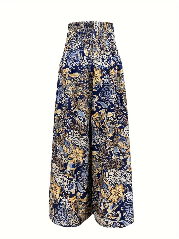 Vibrant Boho Floral Print High Waist Shirred Waist Pants - Soft, Breathable, Comfortable, Versatile, and Flattering - Perfect for Spring and Summer, Womens Casual Clothing, Ideal for Outdoor Activities and Daily Wear