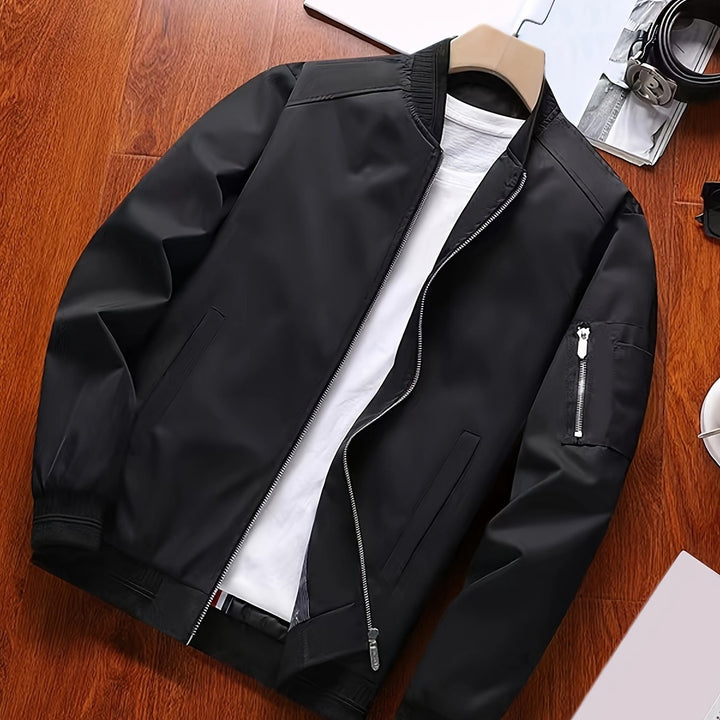 Men's Lightweight Casual Bomber Jacket - High-Quality Polyester, Zip-Up, Stand Collar, Long Sleeve - Perfect for Spring & Fall, Baseball Jacket, Flight Jacket, Conventional Version, Leisure Style