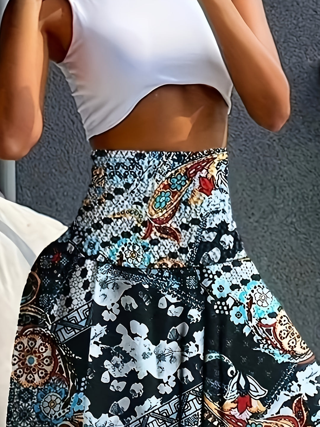 Floral Print Wide Leg Pants, Boho Shirred High Waist Loose Flare Pants For Spring & Summer, Women's Clothing