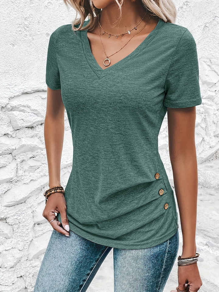 Chic Green V-Neck T-Shirt with Decorative Buttons - Casual Short Sleeve Top, Polyester & Spandex Blend, Machine Washable - Perfect for Spring/Summer/Fall