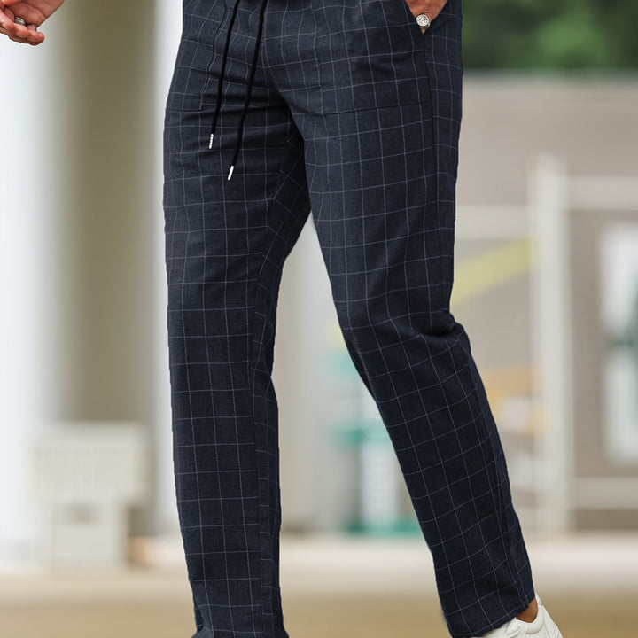 Men's Casual Striped Plaid Pants - Polyester, Drawstring Waist, Perfect for Spring/Fall