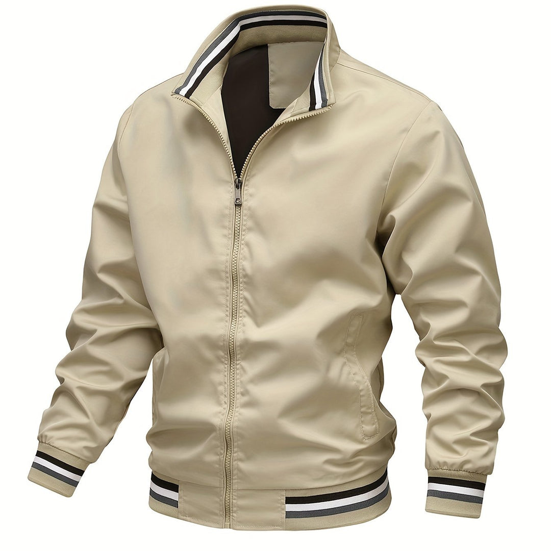 Stripe Edge Bomber Jacket, Men's Casual Stand Collar Zip Up Jacket For Spring Summer Outdoor