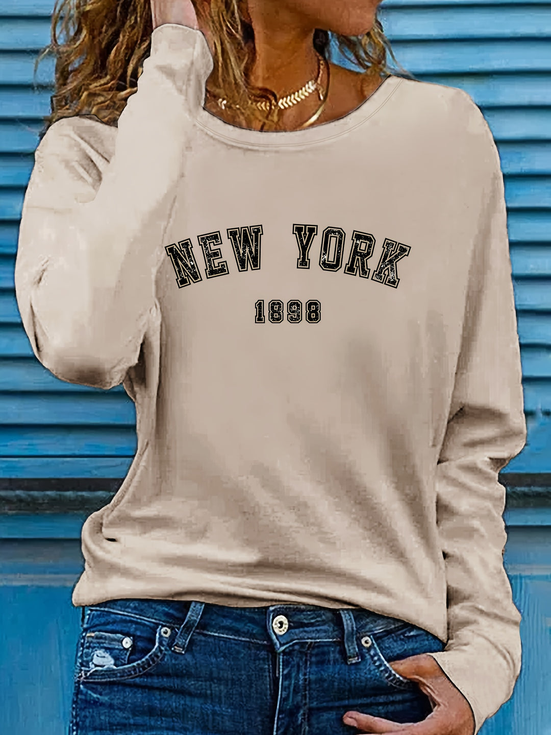 New York Print Crew Neck T-shirt, Casual Long Sleeve Top For Spring & Fall, Women's Clothing