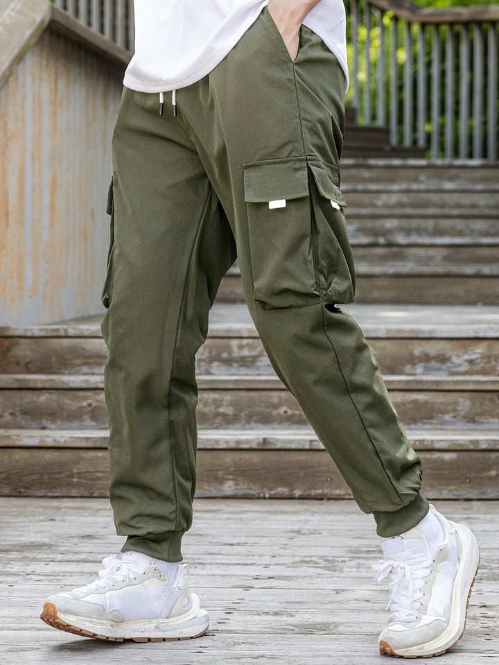 Loose Men's Comfy Cargo Pants With Flap Pockets, Drawstring Jogger Pants