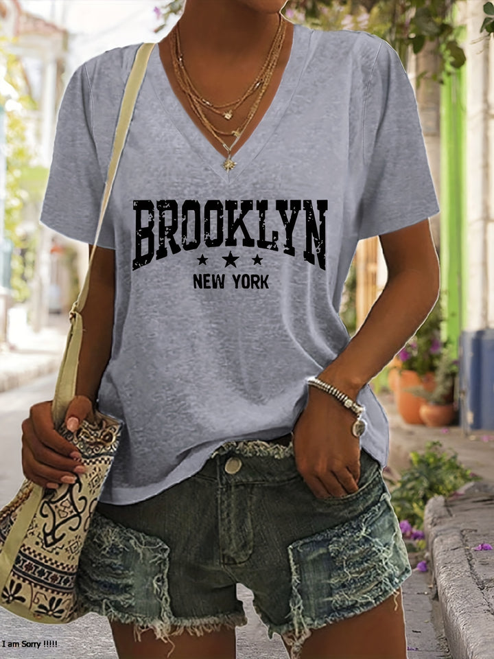 Brooklyn Print T-Shirt, Short Sleeve V Neck Summer Casual Top, Women's Clothing