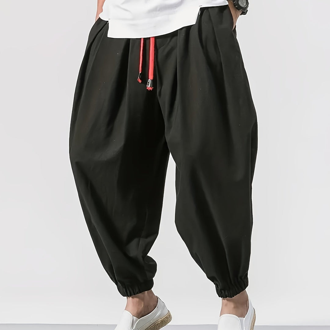 Men's Casual Solid Comfy Harem Pants With Drawstring, Hip Hop Style Trousers For Spring And Autumn