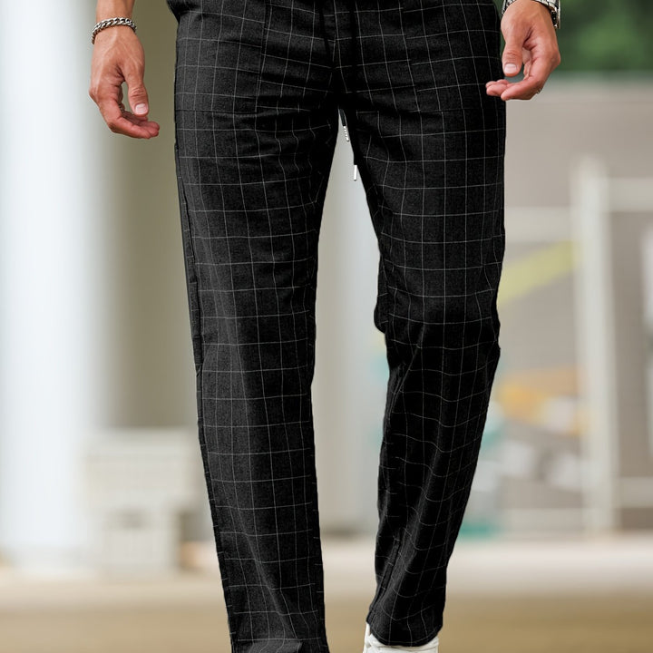 Men's Casual Striped Plaid Pants - Polyester, Drawstring Waist, Perfect for Spring/Fall