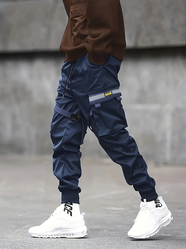 Multi-Pocket Cargo Pants for Men - Loose Fit, Non-Stretch Polyester Fabric, Braid Details, All-Season Outdoor Trousers with Print Pattern, Casual Hip Hop Style, Regular Length, and Woven Weaving Method