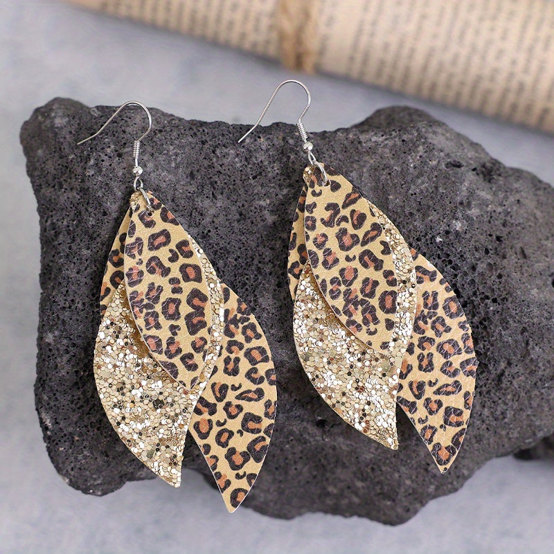 Vintage Triple Leopard PU Leather Sequin Layer Earrings