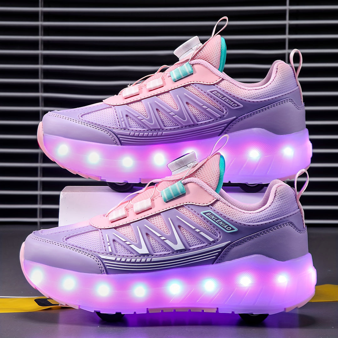 Girls' Dual-Purpose LED Light-Up Roller Skate Shoes with 16 Flashing Modes, Pink & Purple - Casual & Outdoor Sneakers with Rotary Buckle, Breathable Fabric, Low Top, Lightweight EVA/TPR Sole for Hiking, Daily Wear - All-Seaso