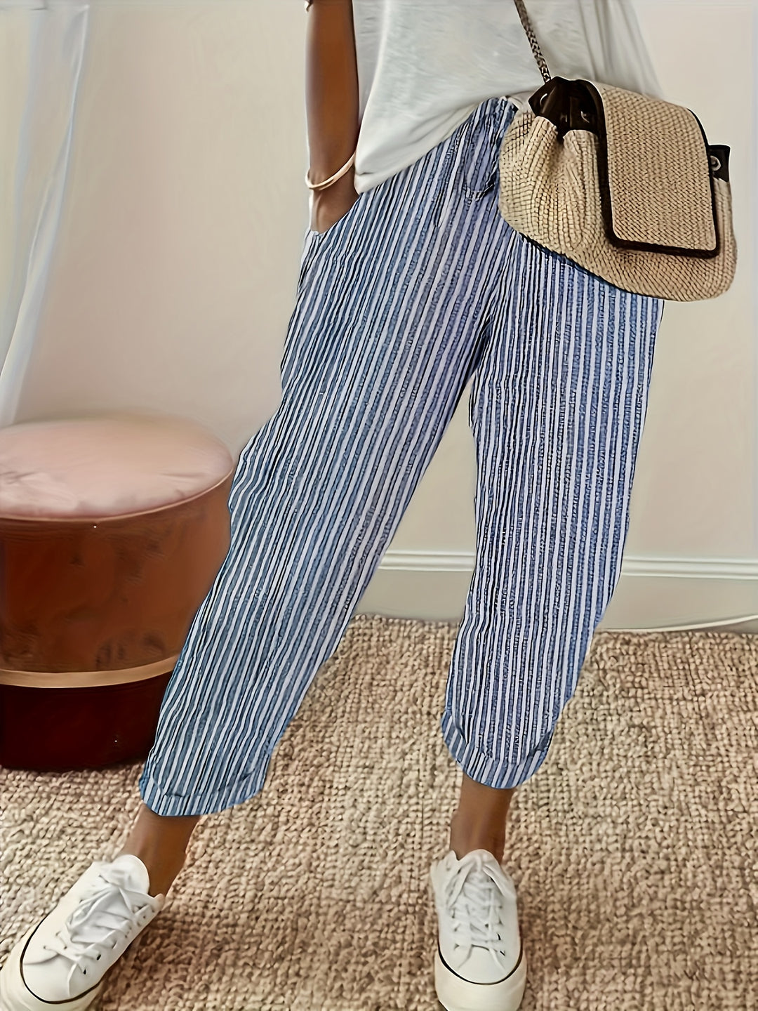 Womens Breathable Striped Drawstring Pants - Lightweight Pocketed Spring/Summer Casual Wear