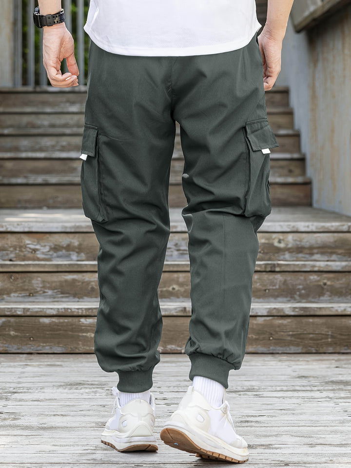 Loose Men's Comfy Cargo Pants With Flap Pockets, Drawstring Jogger Pants