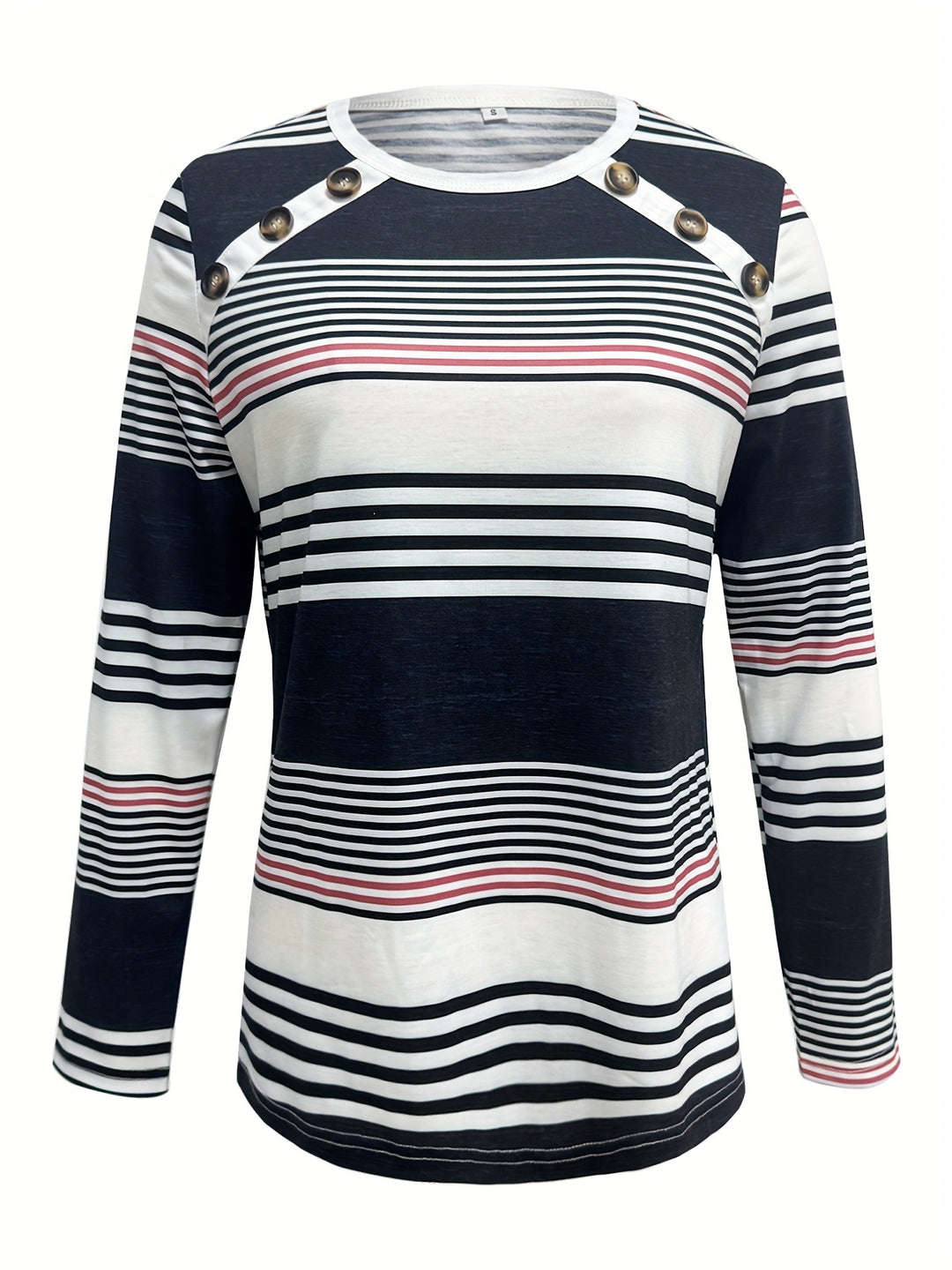 Elegant Women's Striped Long Sleeve T-Shirt with Chic Button Detail - Crew Neck, Comfort Fit, Machine Washable - Perfect for Daily Wear