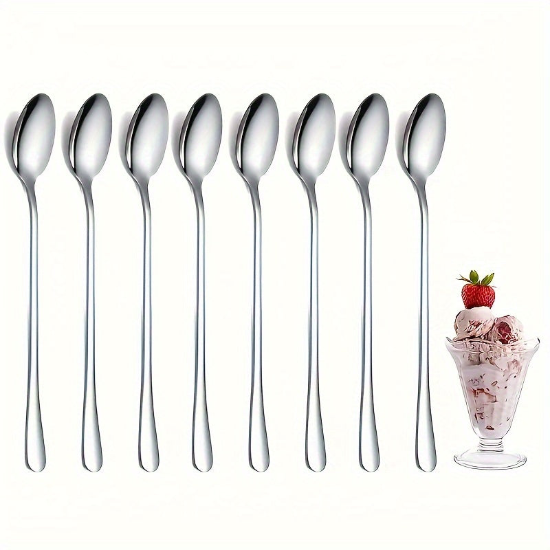 Set of 8 Stainless Steel Long-Handled Spoons – Versatile Kitchen Accessories