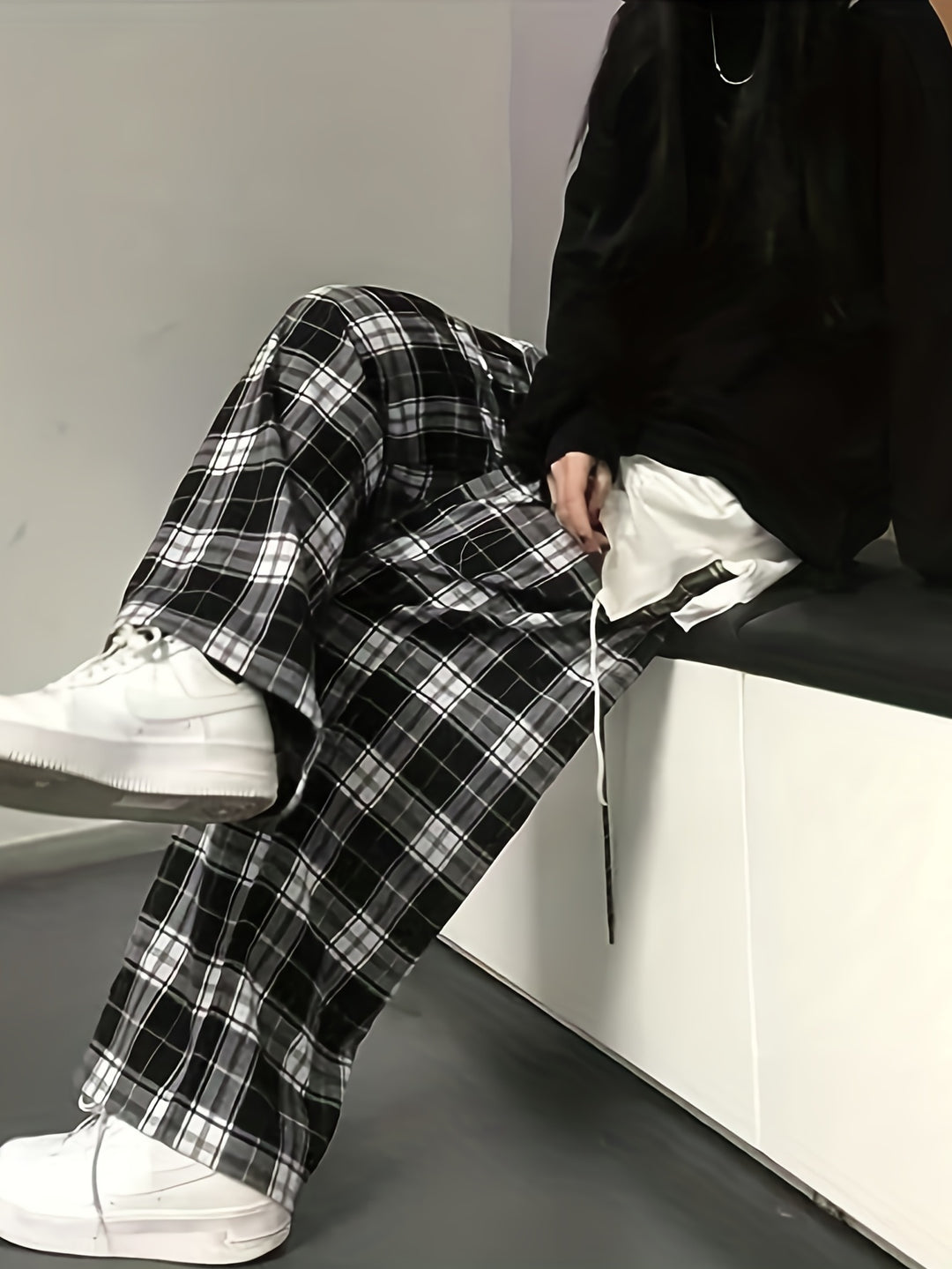 Women's Plaid Gothic Pants with Elastic Waist and Loose Wide Legs