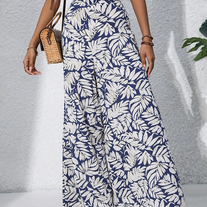 Bohemian Chic Plants Print Palazzo Pants - Casual High Waist Elastic Wide Leg - Perfect for Summer Beach Vacations - Comfortable Womens Clothing