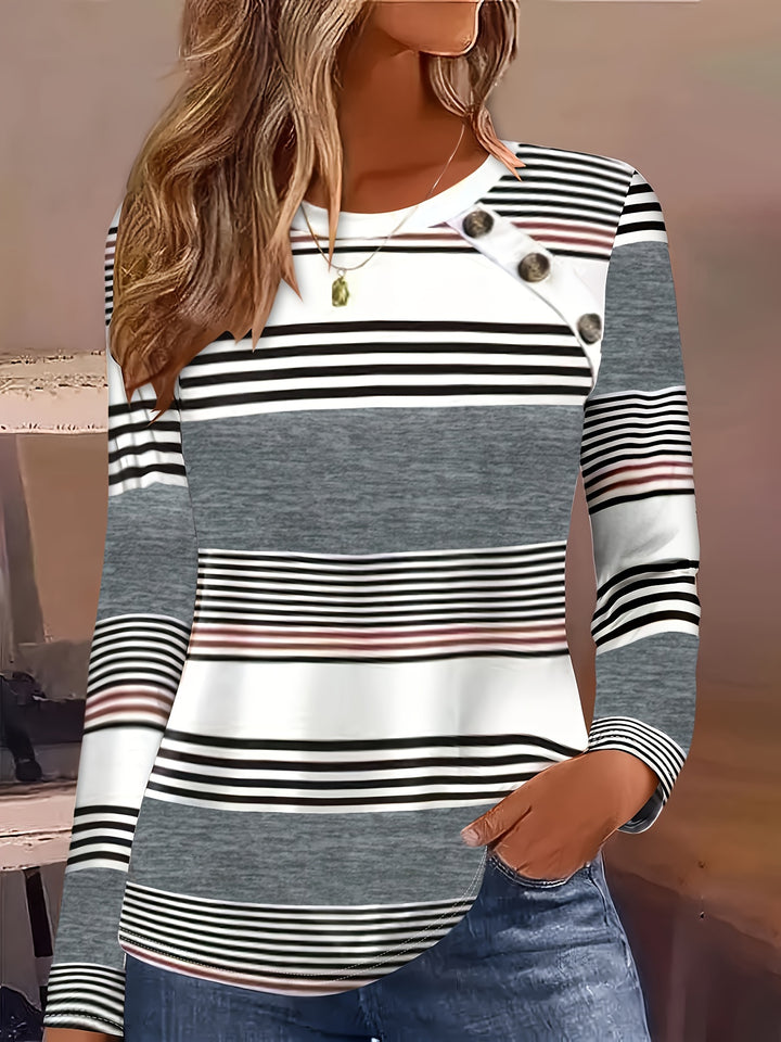 Elegant Women's Striped Long Sleeve T-Shirt with Chic Button Detail - Crew Neck, Comfort Fit, Machine Washable - Perfect for Daily Wear