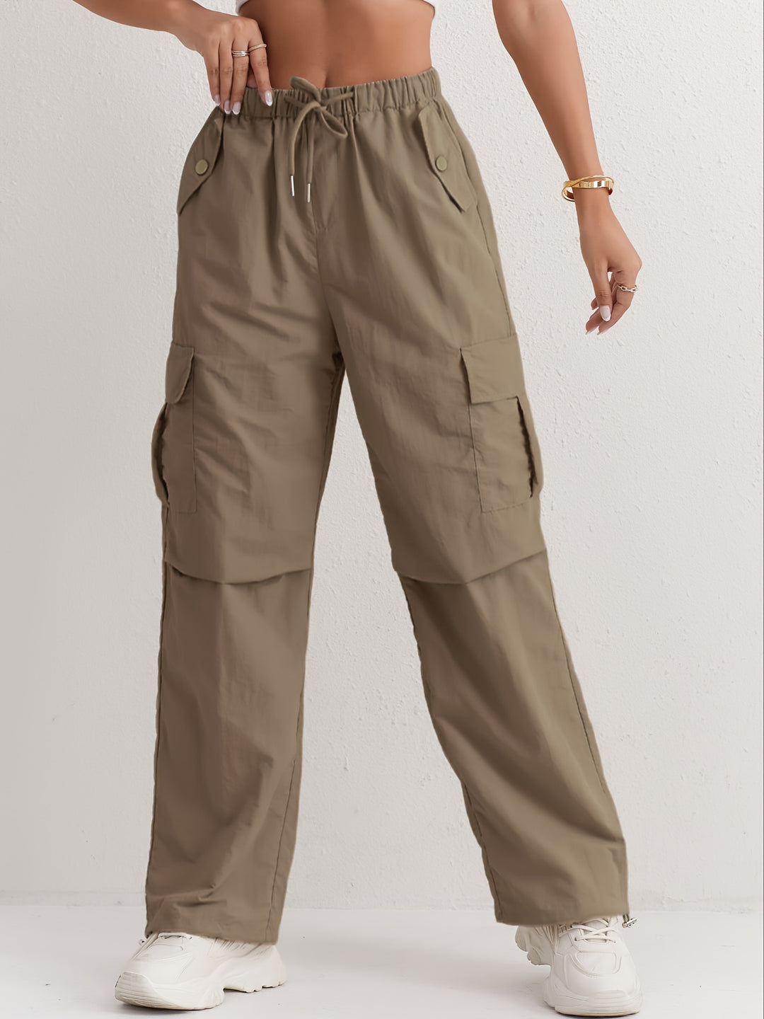 Slant Pockets Straight Leg Cargo Pants, Casual Drawstring Waist Pants For Spring & Summer, Women's Clothing