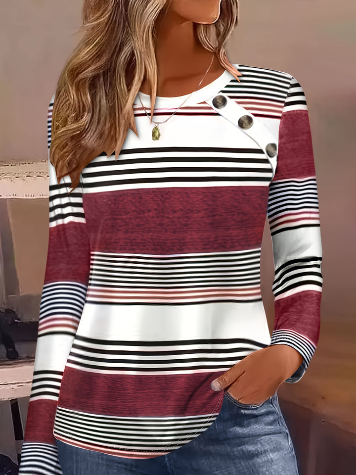 Elegant Women's Striped Long Sleeve T-Shirt with Chic Button Detail - Crew Neck, Comfort Fit, Machine Washable - Perfect for Daily Wear