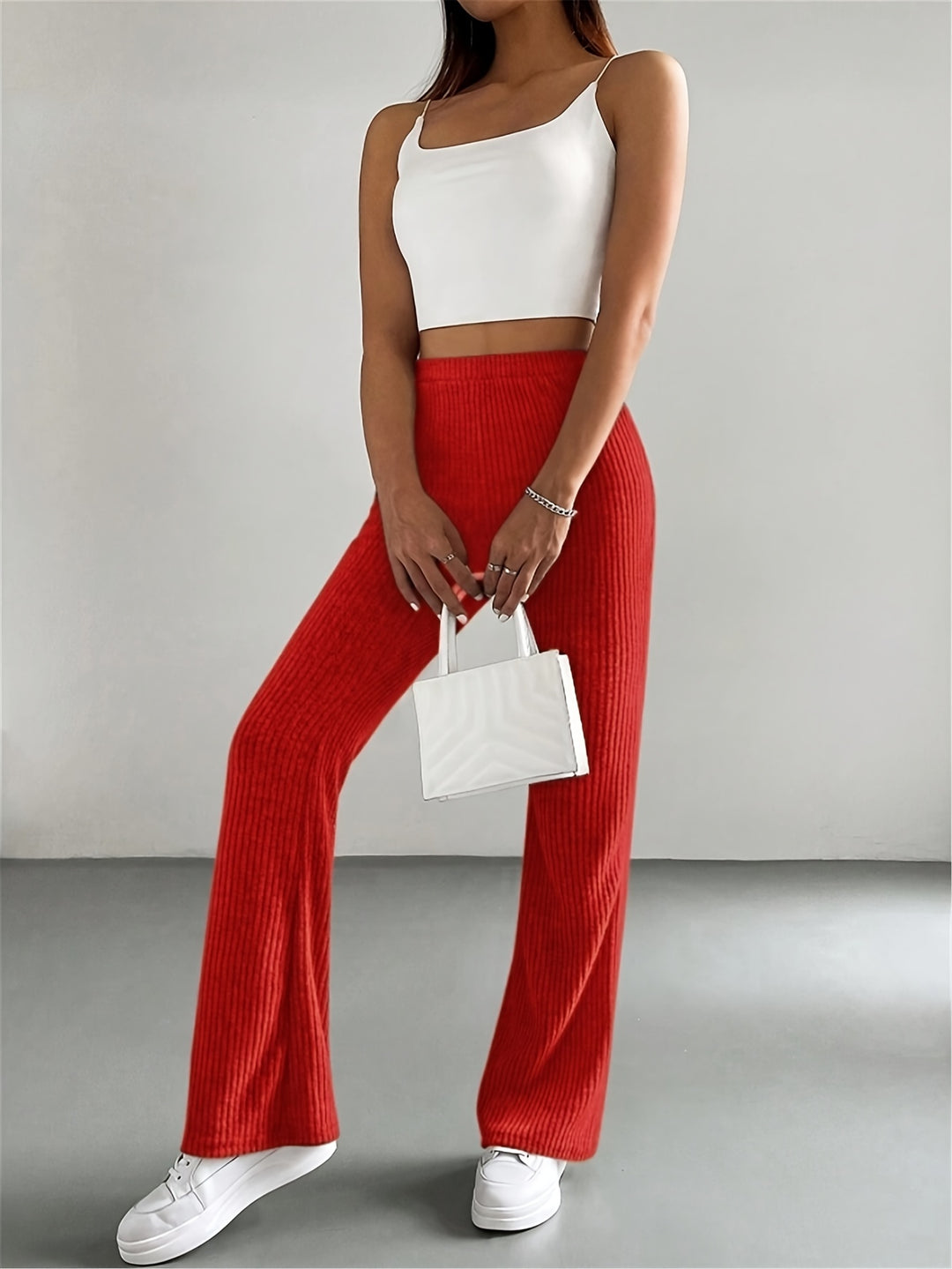 Solid High Waist Pants, Elegant Flare Leg Pants, Women's Clothing