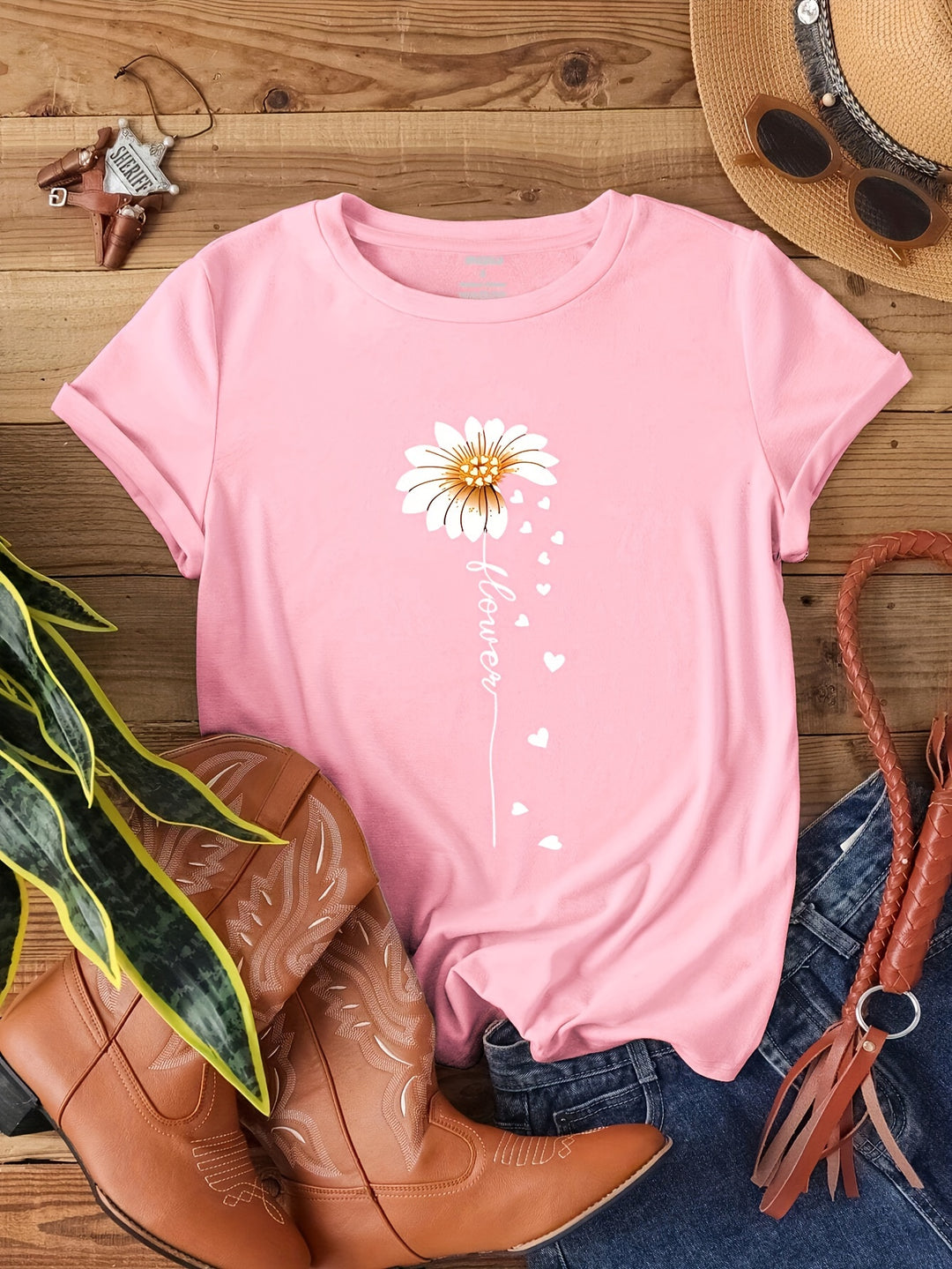 Faith Letter & Flower Print T-shirt, Casual Short Sleeve Crew Neck Top, Women's Clothing, Valentine's Day