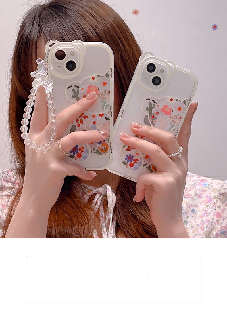 Cute Cartoon Bear & Flower Pattern Phone Case with Bead Bracelet for iPhone 13/11/14 Pro Max/12 XR/XS/7/8 Plus SE 2020/2022 SE/Mini 2022