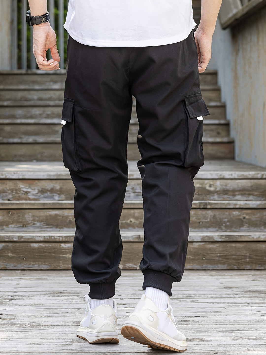 Loose Men's Comfy Cargo Pants With Flap Pockets, Drawstring Jogger Pants