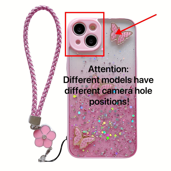 Gradually Sparkling Starry Sky Pink For IPhone 15 15Pro 15Plus 15Promax 14Pro 14Plus 14Promax 13 13Pro 13Promax 12 12Pro 12Promax 11Promax 11 Flash Rhinestone Butterfly Graphic Phone Case With Hanging Strap