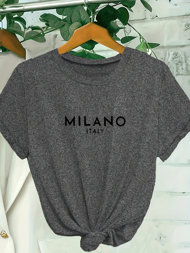 Milano Letter Print T-shirt, Casual Crew Neck Short Sleeve Top For Spring & Summer, Women's Clothing