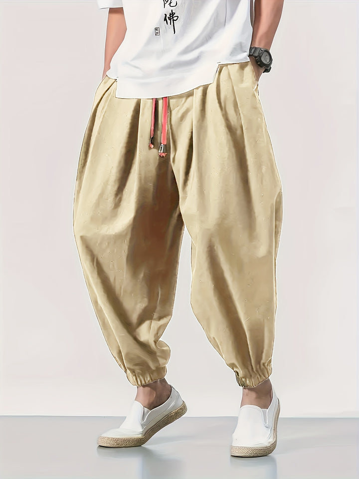 Men's Casual Solid Comfy Harem Pants With Drawstring, Hip Hop Style Trousers For Spring And Autumn