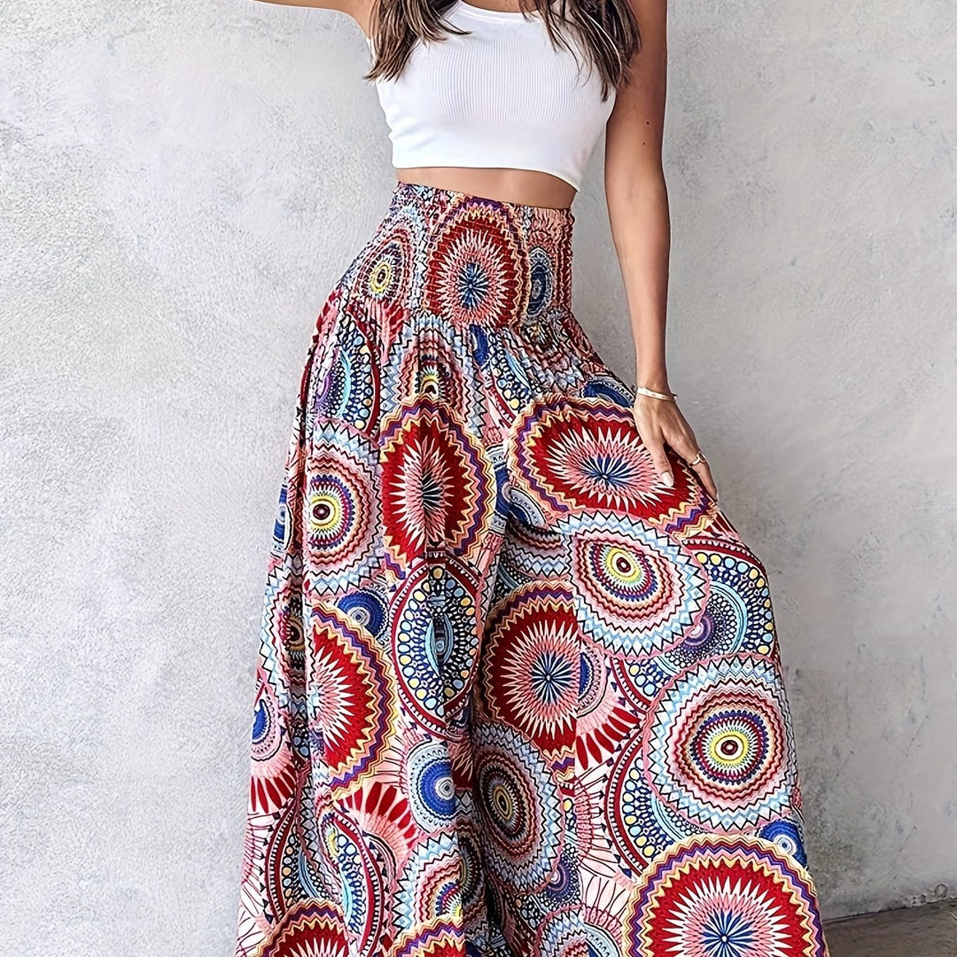 Vibrant Boho Floral Print High Waist Shirred Waist Pants - Soft, Breathable, Comfortable, Versatile, and Flattering - Perfect for Spring and Summer, Womens Casual Clothing, Ideal for Outdoor Activities and Daily Wear