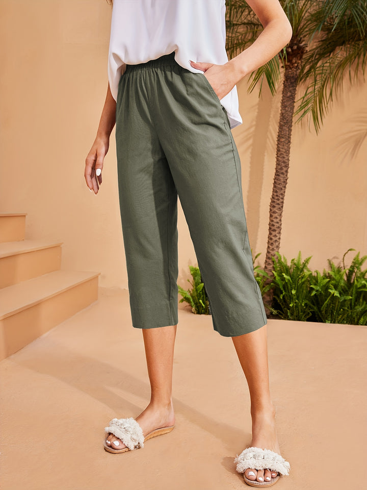 Durable Build| Women's Lightweight Linen-Blend Wide-Leg Capris with Dual Pockets - Casual Elastic Waist, Solid Color, Perfect for Spring/Summer/Fall