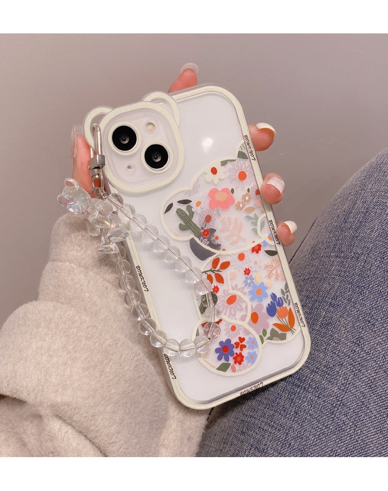 Cute Cartoon Bear & Flower Pattern Phone Case with Bead Bracelet for iPhone 13/11/14 Pro Max/12 XR/XS/7/8 Plus SE 2020/2022 SE/Mini 2022