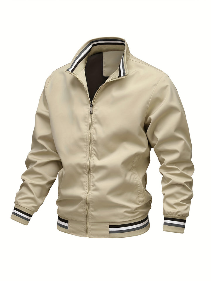 Stripe Edge Bomber Jacket, Men's Casual Stand Collar Zip Up Jacket For Spring Summer Outdoor