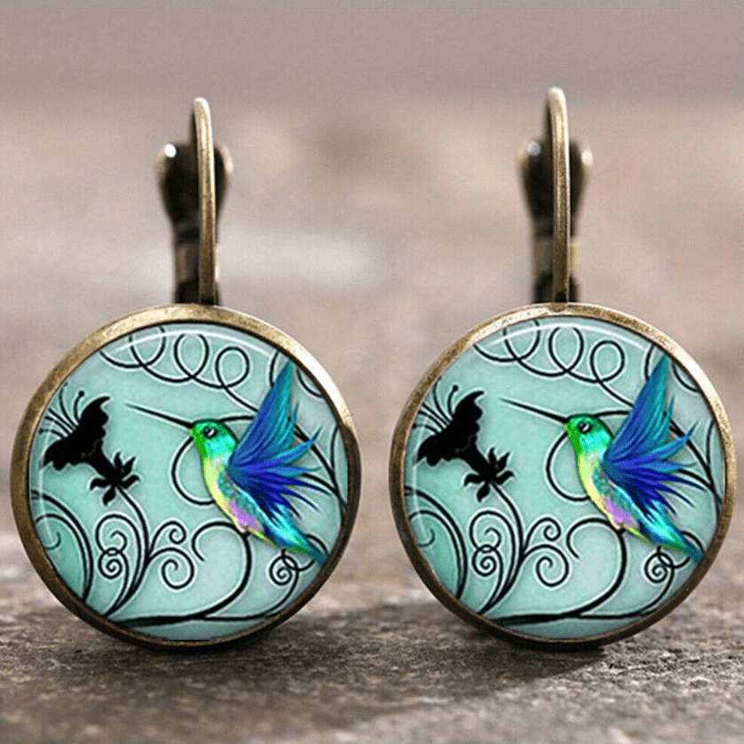 Vintage Time Gemstone Glass Earrings Sunflower Tree Butterfly Pattern Ear Jewelry