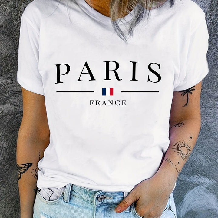 PARIS Print T-shirt, Short Sleeve Crew Neck Casual Top For Summer & Spring, Women's Clothing