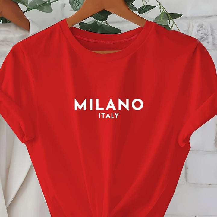 Milano Letter Print T-shirt, Casual Crew Neck Short Sleeve Top For Spring & Summer, Women's Clothing